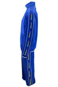 Royal Blue velour tracksuit with white trim, custom embroidered c-17 and name on the front chest, Volens et Potens logo embroidered on the back and swords embroidered down the side of the arms and legs.