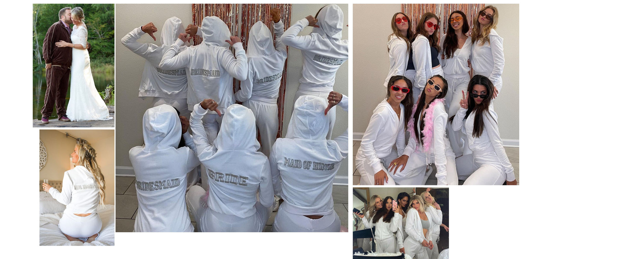 people wearing white velour hoodies for a wedding.  