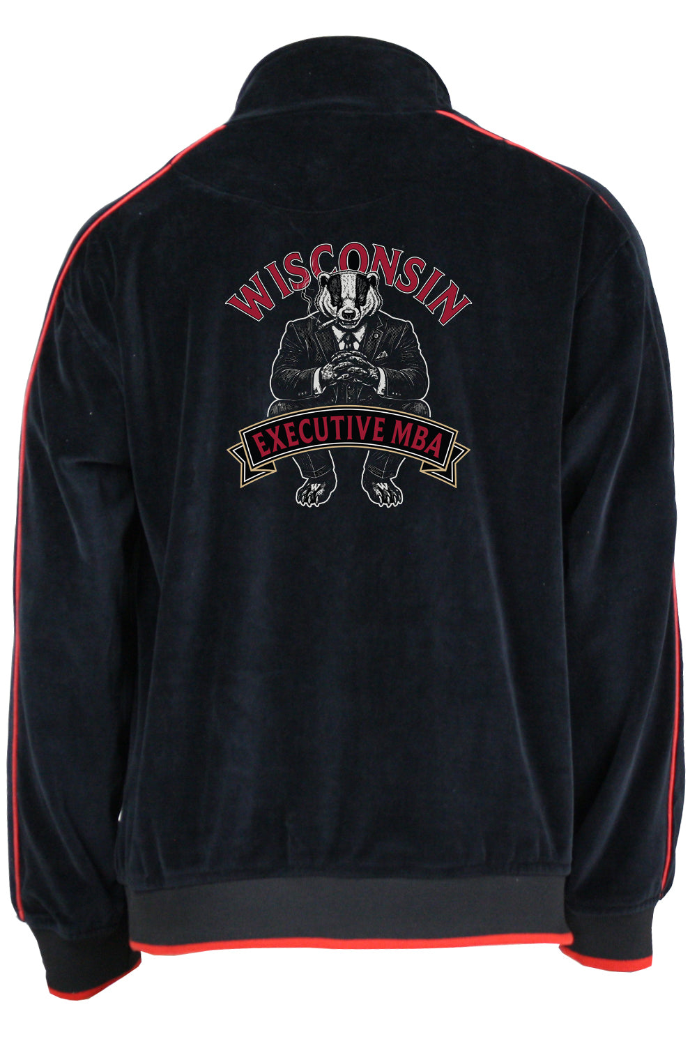 Black velour track jacket with custom embroidery.  Wisconsin Executive MBA Program.  