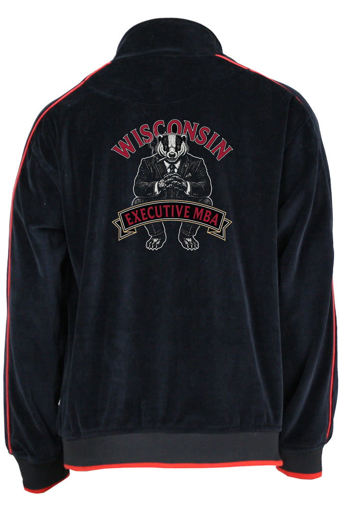 Black velour track jacket with custom embroidery.  Wisconsin Executive MBA Program.  