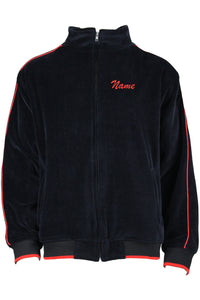 Black velour track jacket with custom embroidered name on the front chest.  Wisconsin Executive MBA Program.  