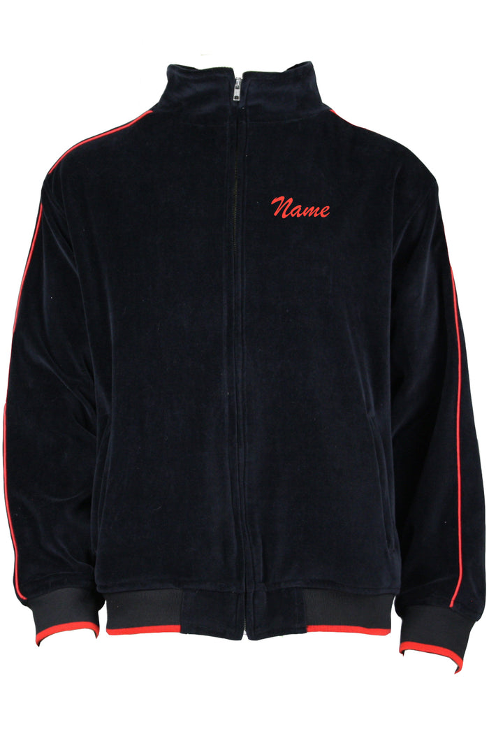 Black velour track jacket with custom embroidered name on the front chest.  Wisconsin Executive MBA Program.  