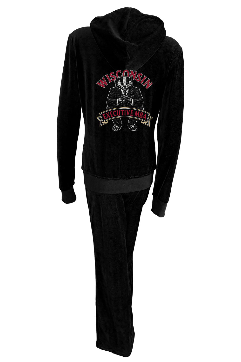 Black velour zip hoodie & lounge pants with custom embroidered name on the front chest and embroidered Wisconsin Executive MBA program logo on the back.  Red rhinestone piping down the arms and legs