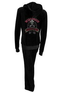 Black velour zip hoodie & lounge pants with custom embroidered name on the front chest and embroidered Wisconsin Executive MBA program logo on the back.  Red rhinestone piping down the arms and legs