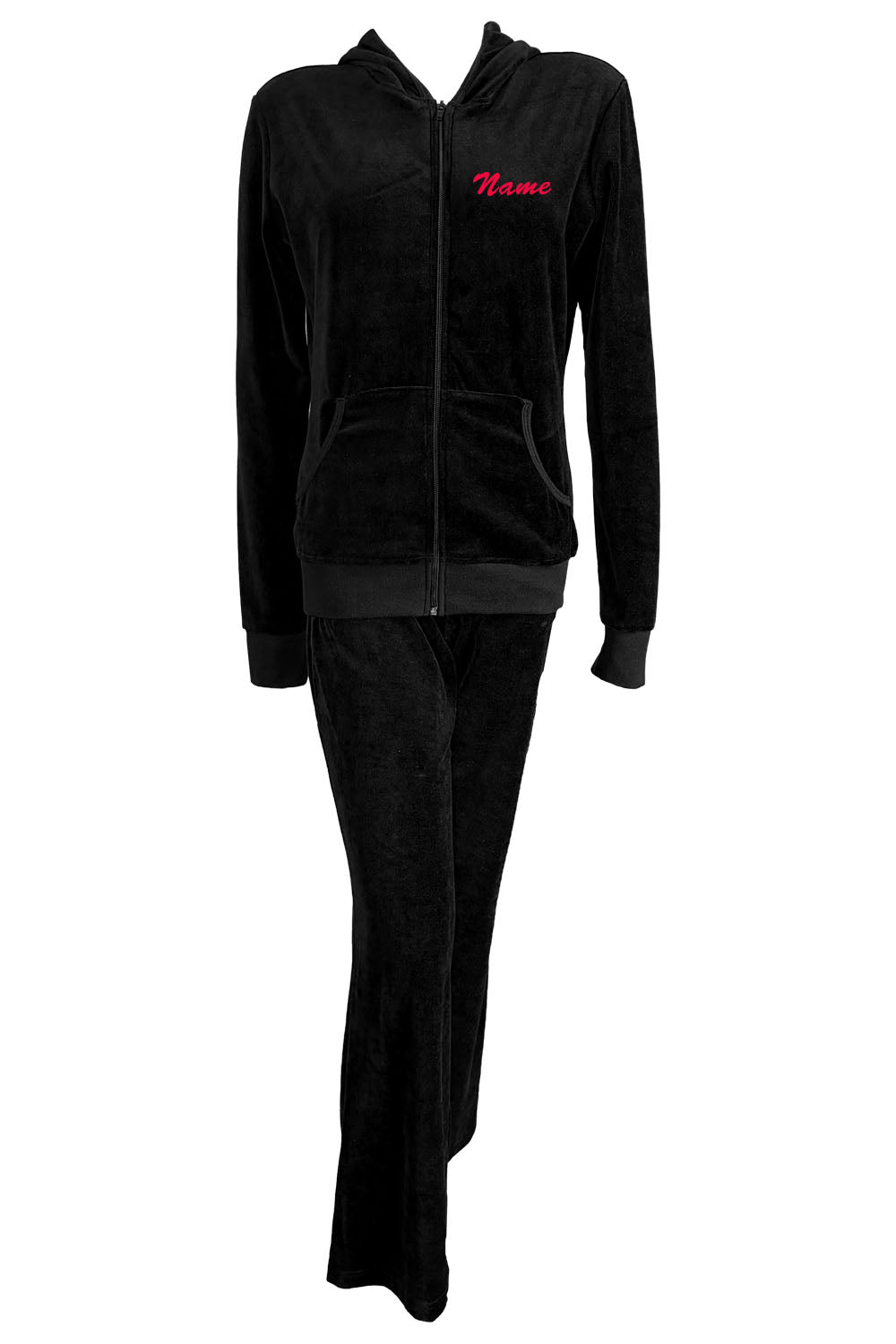 Black velour zip hoodie & lounge pants with custom embroidered name on the front chest and embroidered Wisconsin Executive MBA program logo on the back.  Red rhinestone piping down the arms and legs