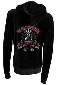 Black velour zip hoodie & lounge pants with custom embroidered name on the front chest and embroidered Wisconsin Executive MBA program logo on the back.  Red rhinestone piping down the arms and legs