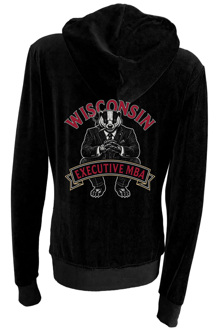 Black velour zip hoodie & lounge pants with custom embroidered name on the front chest and embroidered Wisconsin Executive MBA program logo on the back.  Red rhinestone piping down the arms and legs