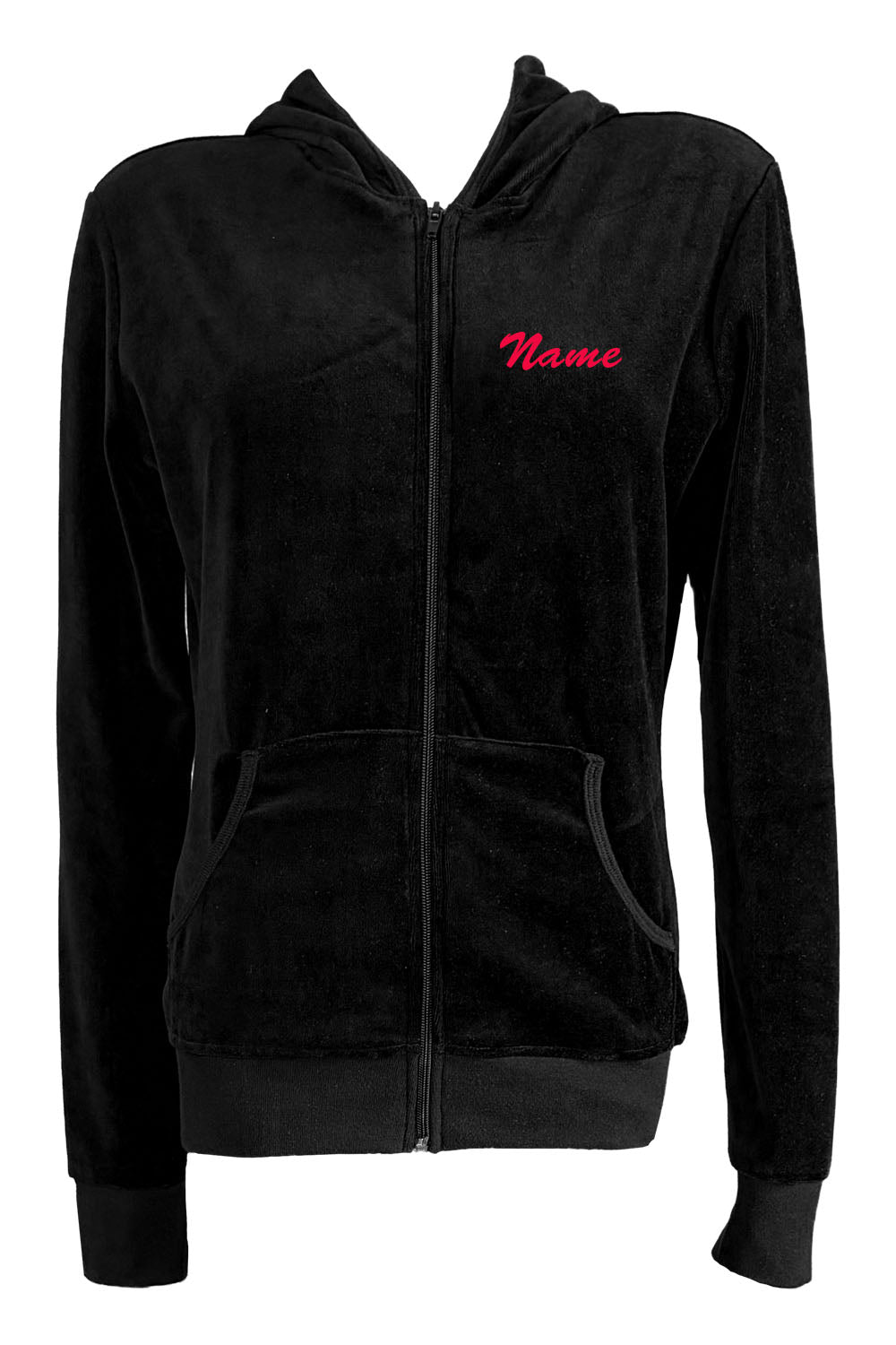 Black velour zip hoodie & lounge pants with custom embroidered name on the front chest and embroidered Wisconsin Executive MBA program logo on the back.  Red rhinestone piping down the arms and legs