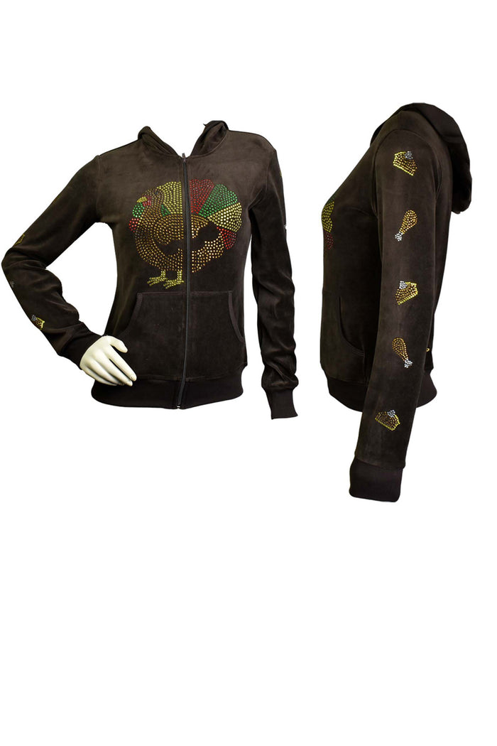 Womens hoodie, brown, velour, womens brown velour hoodie, thanksgiving, fun, track jacket, rhinestones, custom, embellish