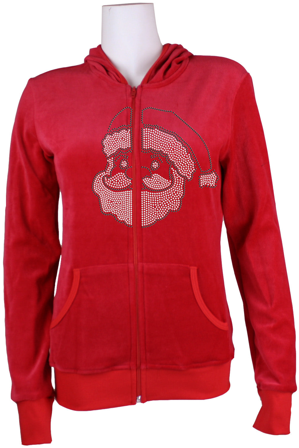 Womens red velour zip hoodie, custom rhinestones, santa clause, fit for a woman, christmas bling, custom embrodiery, zip hoodie, lounge pants.