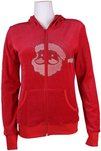 Womens red velour zip hoodie, custom rhinestones, santa clause, fit for a woman, christmas bling, custom embrodiery, zip hoodie, lounge pants.