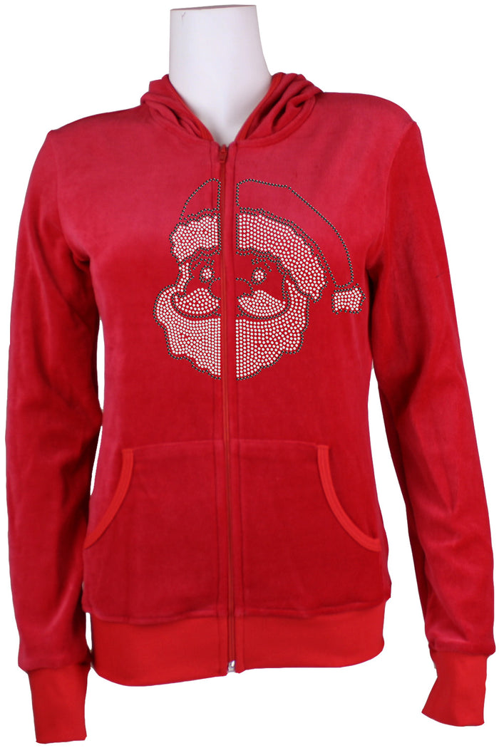 Womens red velour zip hoodie, custom rhinestones, santa clause, fit for a woman, christmas bling, custom embrodiery, zip hoodie, lounge pants.