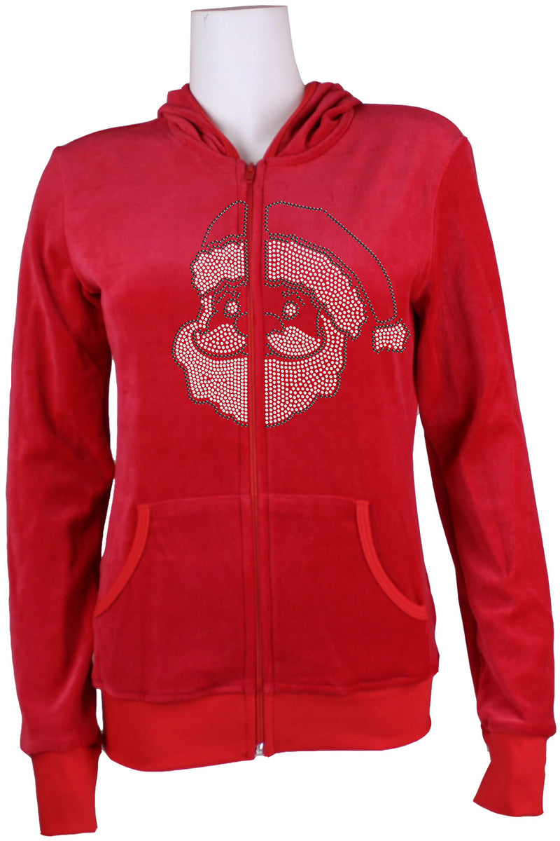 Womens red velour zip hoodie, custom rhinestones, santa clause, fit for a woman, christmas bling, custom embrodiery, zip hoodie, lounge pants.