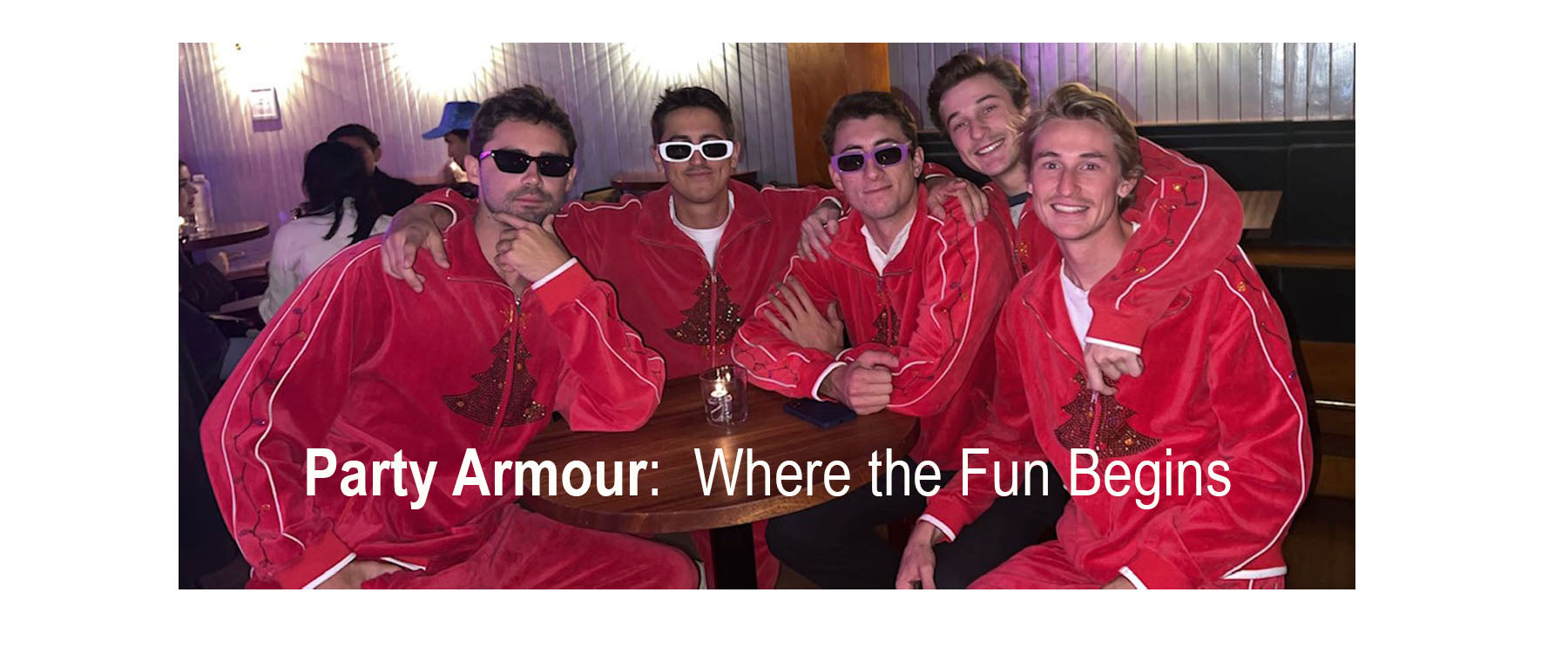 red christmas velour tracksuits.  5 guys sitting around a cocktail table in Sweatsedos.  mens, velour, tracksuits, party armour, Oh Christmas Tree