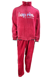 apres ski, Le Chamois, velour, tracksuit, sweatsuit, Palisades Tahoe, rhinestones, embroidery, custom, burgundy, skiing