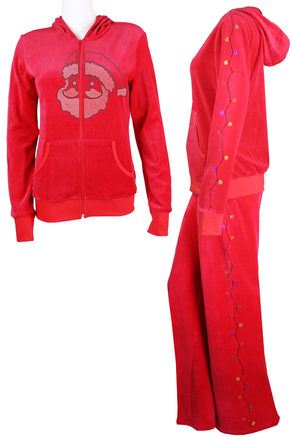 Womens red velour zip hoodie, custom rhinestones, santa clause, fit for a woman, christmas bling, custom embrodiery, zip hoodie, lounge pants.