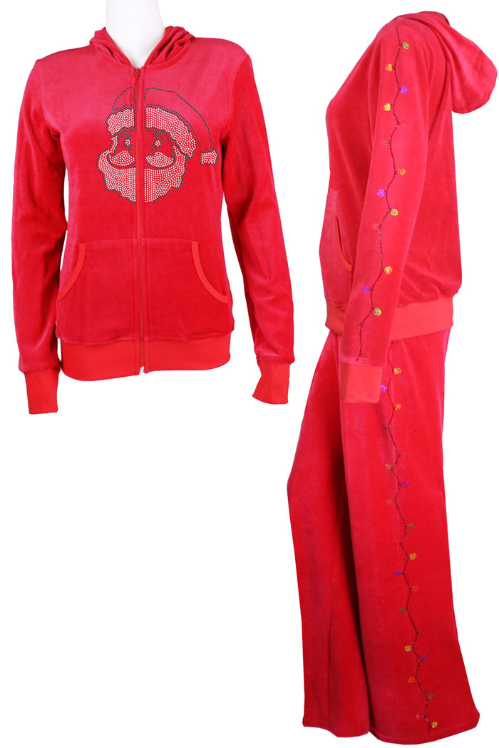 Womens red velour zip hoodie, custom rhinestones, santa clause, fit for a woman, christmas bling, custom embrodiery, zip hoodie, lounge pants.