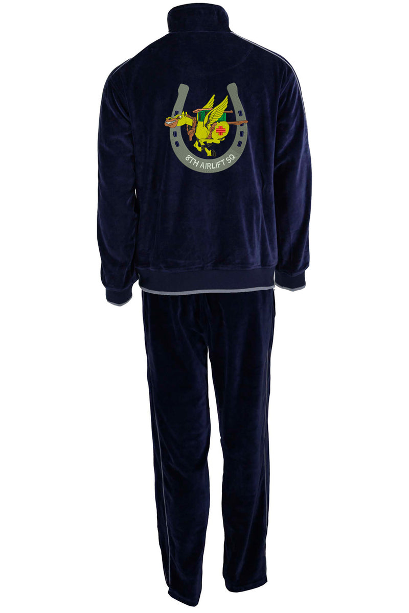 mens velour tracksuit, 8th airlift squadron, sweatsuit, sweats, navy blue, sweatsedo