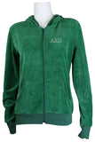 womens green velour hoodie with custom rhinestones. AXO, sorority outfits, spiritwear, msu, michigan state university