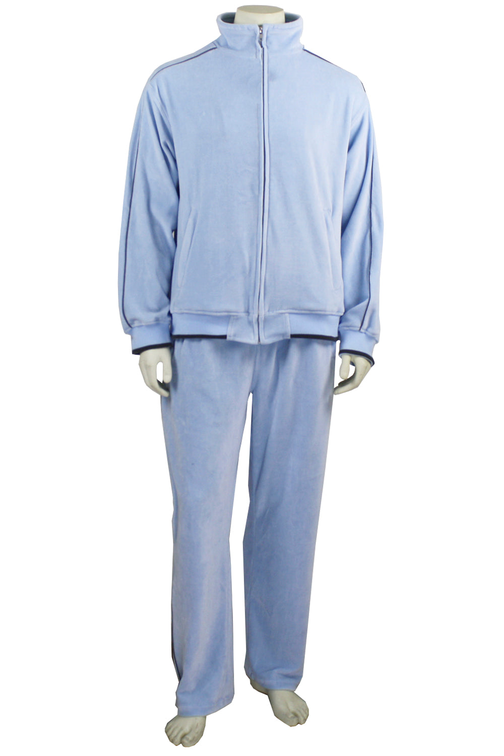 Mens Baby Blue Velour Tracksuit with Charcoal Gray Piping