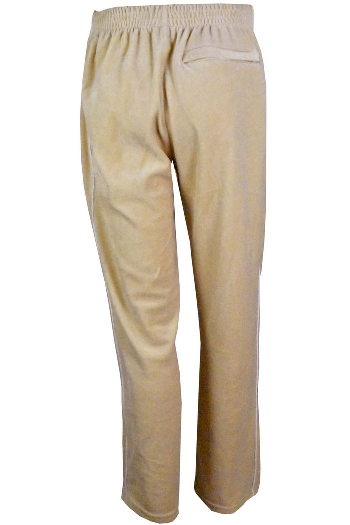 tan, velour, tracksuit, white trim. sweatsuit, mens, sweatshirt, sweatpants, jumpsuit
