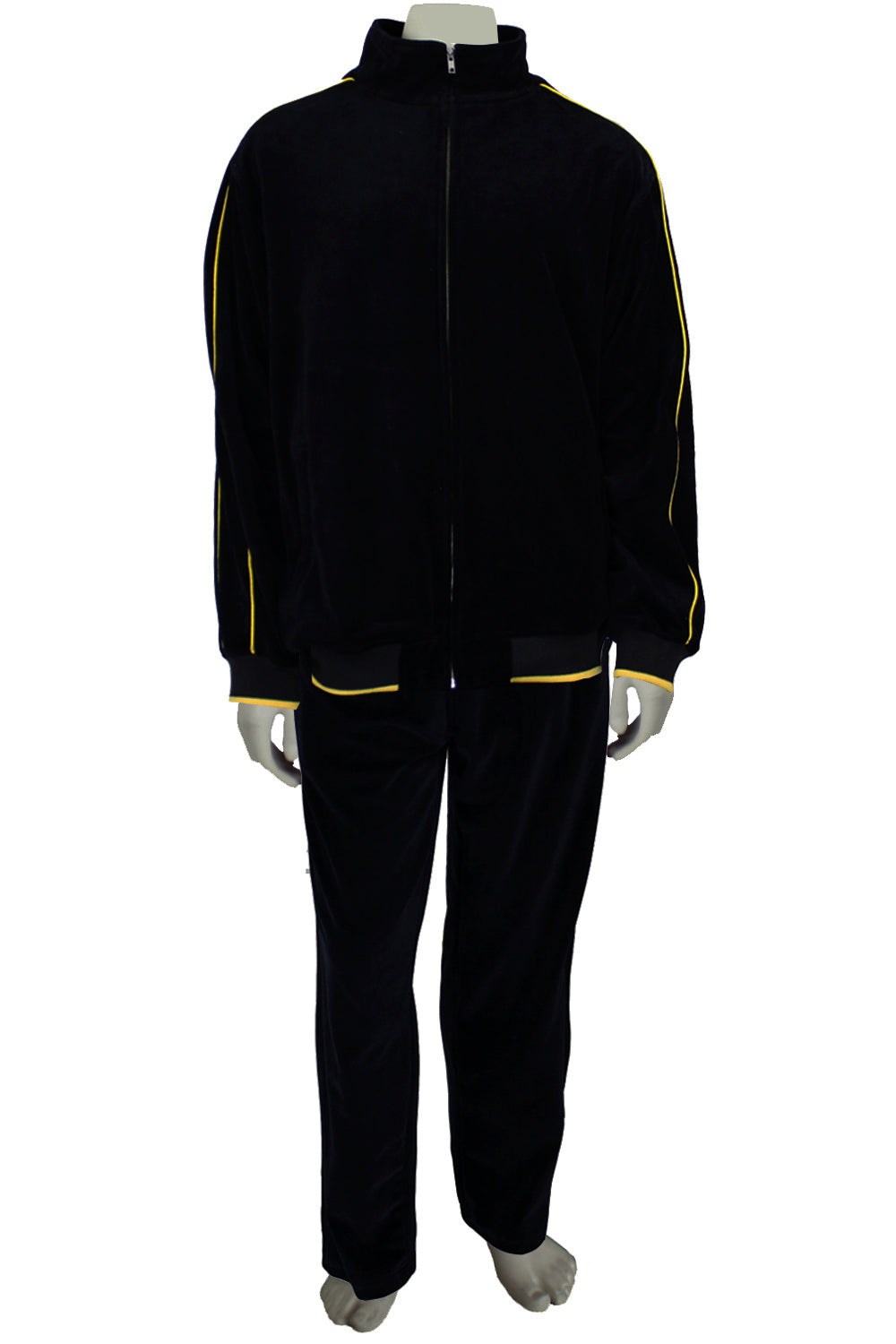 Mens Black Velour Tracksuit with Yellow Piping