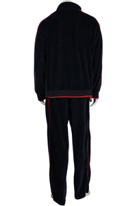 black with red trim, mens, velour, tracksuit, custom embroidery, rhinestones, sweatsuit, jumpsuit, sweatshirt, sweat pants, track pants, track jacket mens, sweatshirt, sweatpants, jumpsuit, sweatsedo