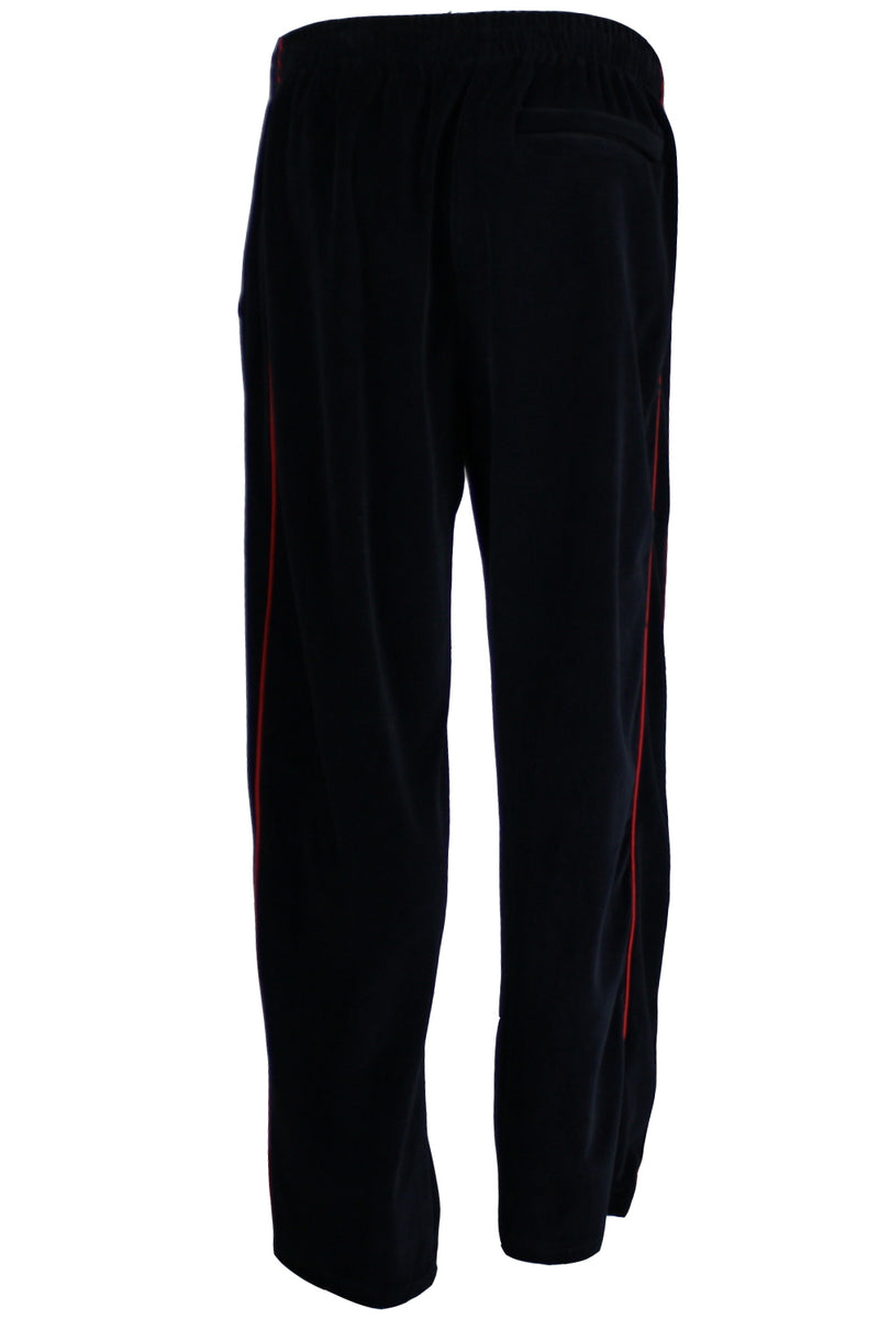 black velour tracksuit with red trim, velour jacket, velour pants, custom embroidery, navy pilot, embroidered callsigns