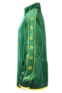 St. Patrick's Day costume, tracksuit, green sweatshirt, shamrocks, velour, custom embroidery, rhinestones, bling bling, hoodie