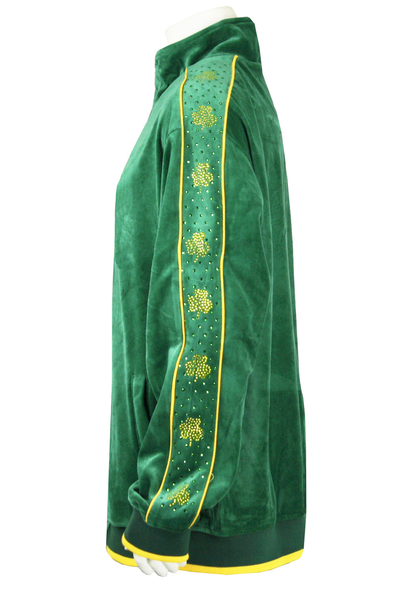 St. Patrick's Day costume, tracksuit, green sweatshirt, shamrocks, velour, custom embroidery, rhinestones, bling bling, hoodie