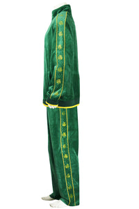St. Patrick's Day costume, tracksuit, green sweatshirt, shamrocks, velour, custom embroidery, rhinestones, bling bling, hoodie