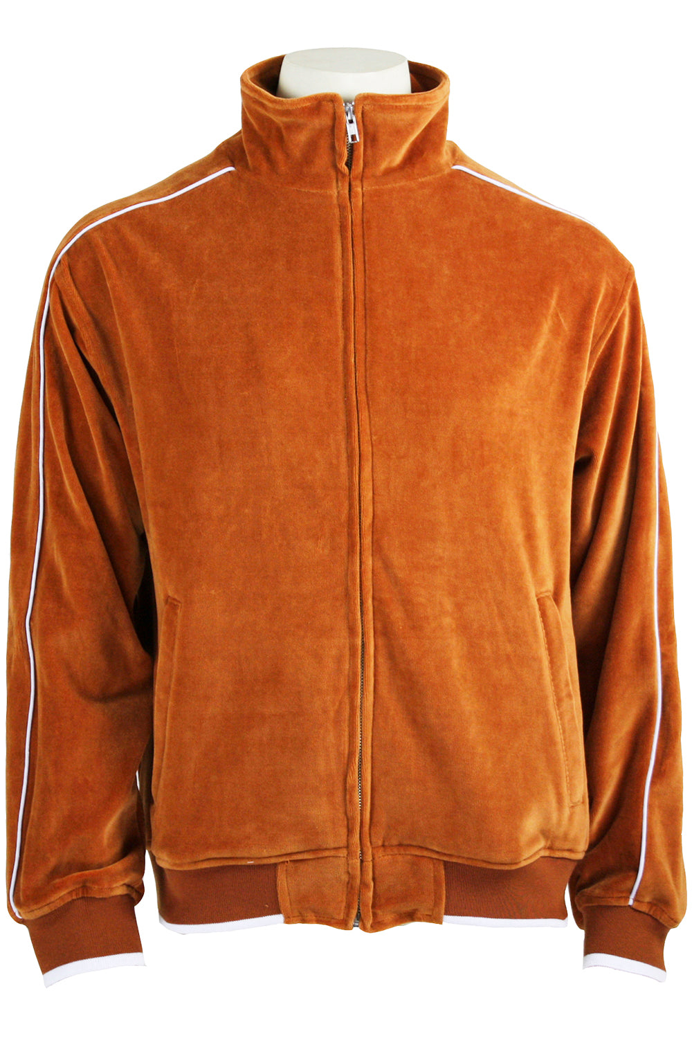 Mens Burnt Orange Velour Tracksuit with White Piping
