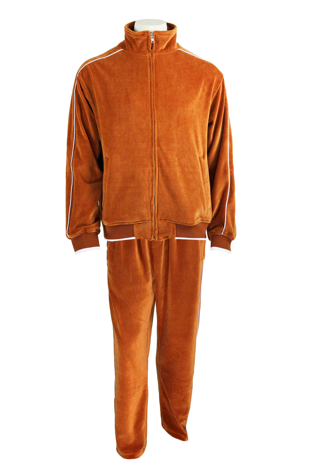 burnt orange, mens, velour, tracksuit, custom embroidery, rhinestones, sweatsuit, jumpsuit, sweatshirt, sweat pants, track pants, track jacket, hook em horns, ut, university of texas, vols