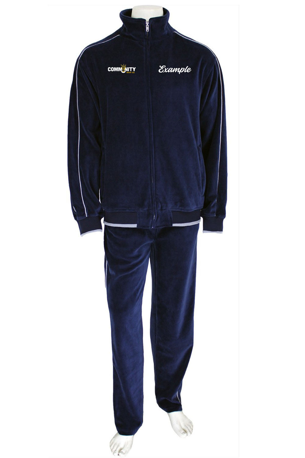 community beer, velour, tracksuit, branded, custom embroidery, navy blue, sweatsuit