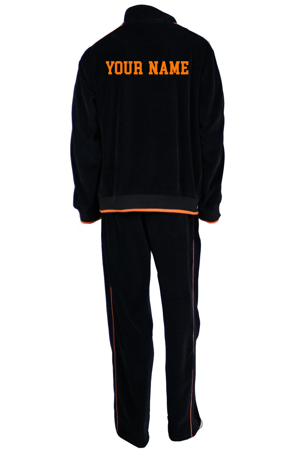 Dan golden the merch sweatsuit, tracksuit, black with orange tirm, tracksuit for men, sweatpants, sweatshirt, track jacket, track pants, custom embroidery, embroidered logo, company swag, your name here, custom embroidery