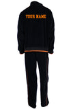 Dan golden the merch sweatsuit, tracksuit, black with orange tirm, tracksuit for men, sweatpants, sweatshirt, track jacket, track pants, custom embroidery, embroidered logo, company swag, your name here, custom embroidery
