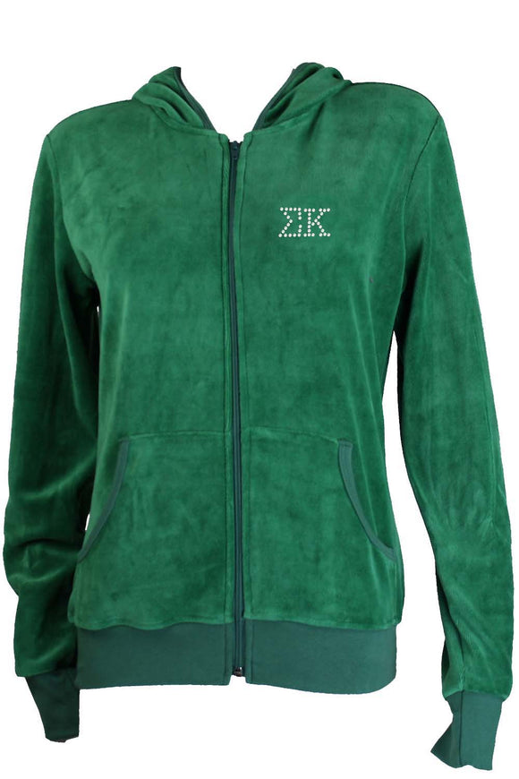 womens green velour hoodie with custom rhinestones.  EK,, soroirty outfits, spiritwear