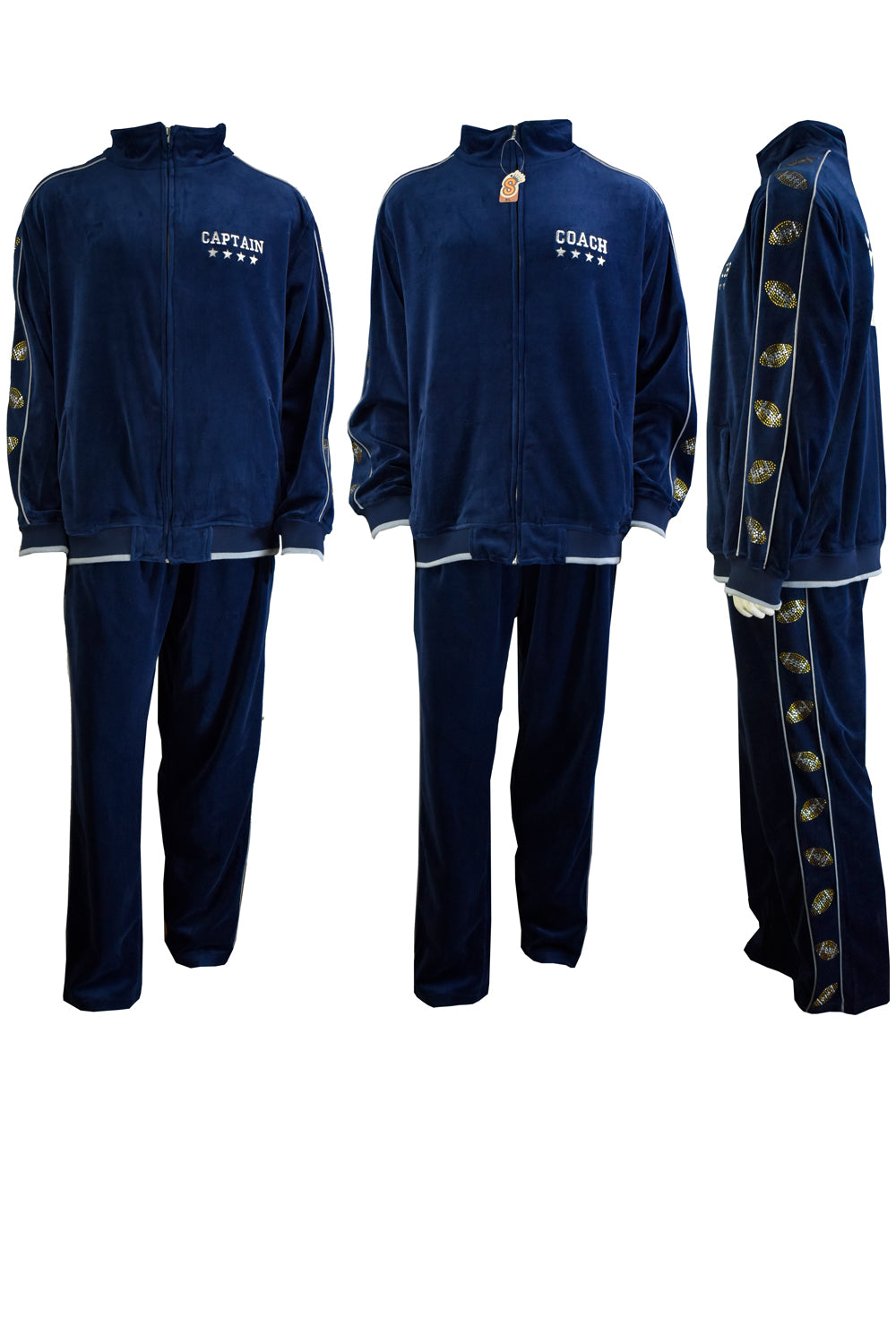 pete davidson and eli manning, pro bowl 2023 nfl, navy blue velour tracksuit, sweatsuit, as seen on tv, espn, manning custom embroidery, rhinestone footballs