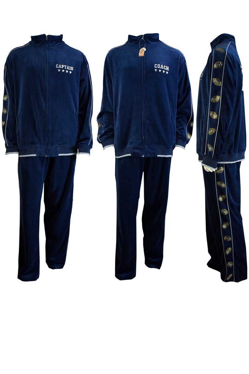 pete davidson and eli manning, pro bowl 2023 nfl, navy blue velour tracksuit, sweatsuit, as seen on tv, espn, manning custom embroidery, rhinestone footballs