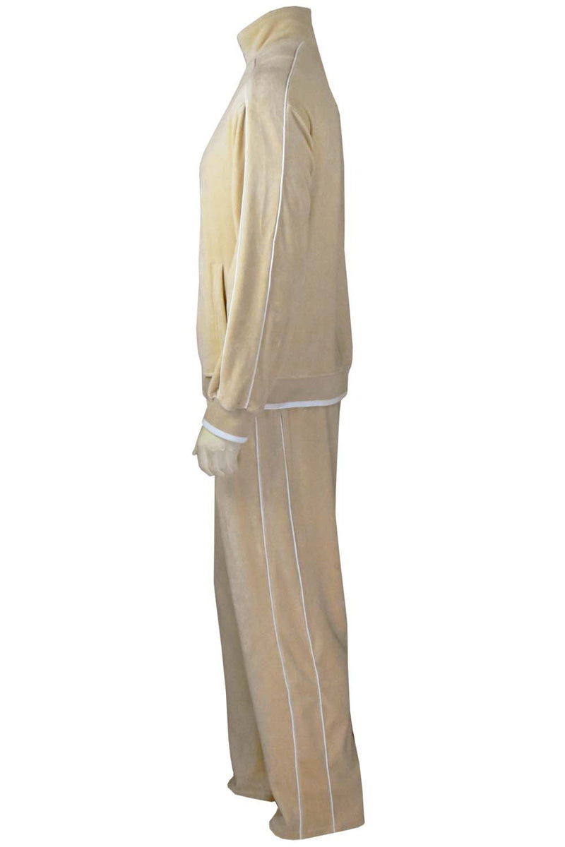 tan, velour, tracksuit, white trim. sweatsuit, mens, sweatshirt, sweatpants, jumpsuit