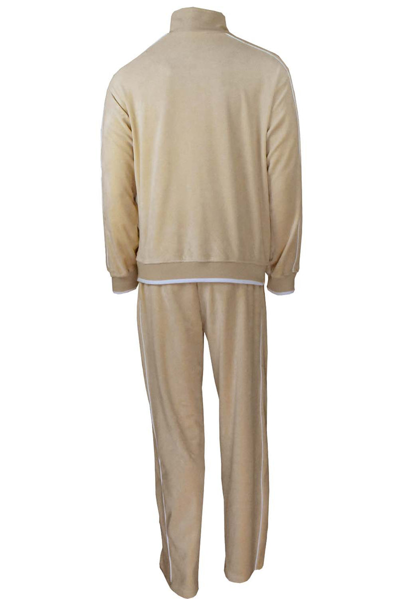 tan, velour, tracksuit, white trim. sweatsuit, mens, sweatshirt, sweatpants, jumpsuit