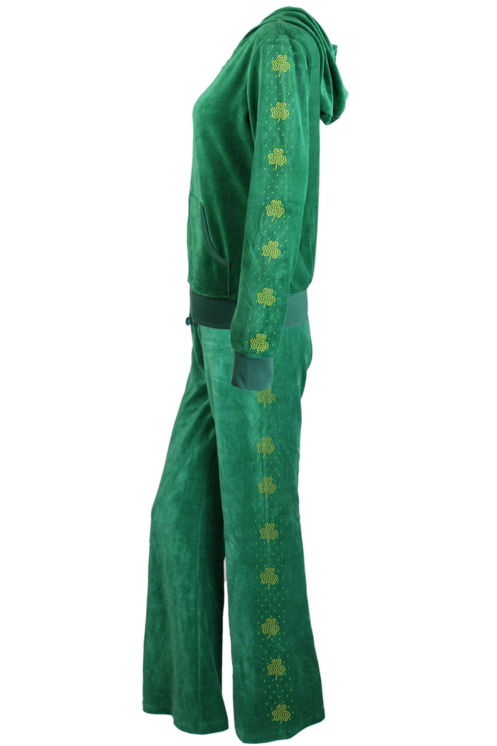 St. Patrick's Day costume, tracksuit, green sweatshirt, shamrocks, velour, custom embroidery, rhinestones, bling bling, hoodie