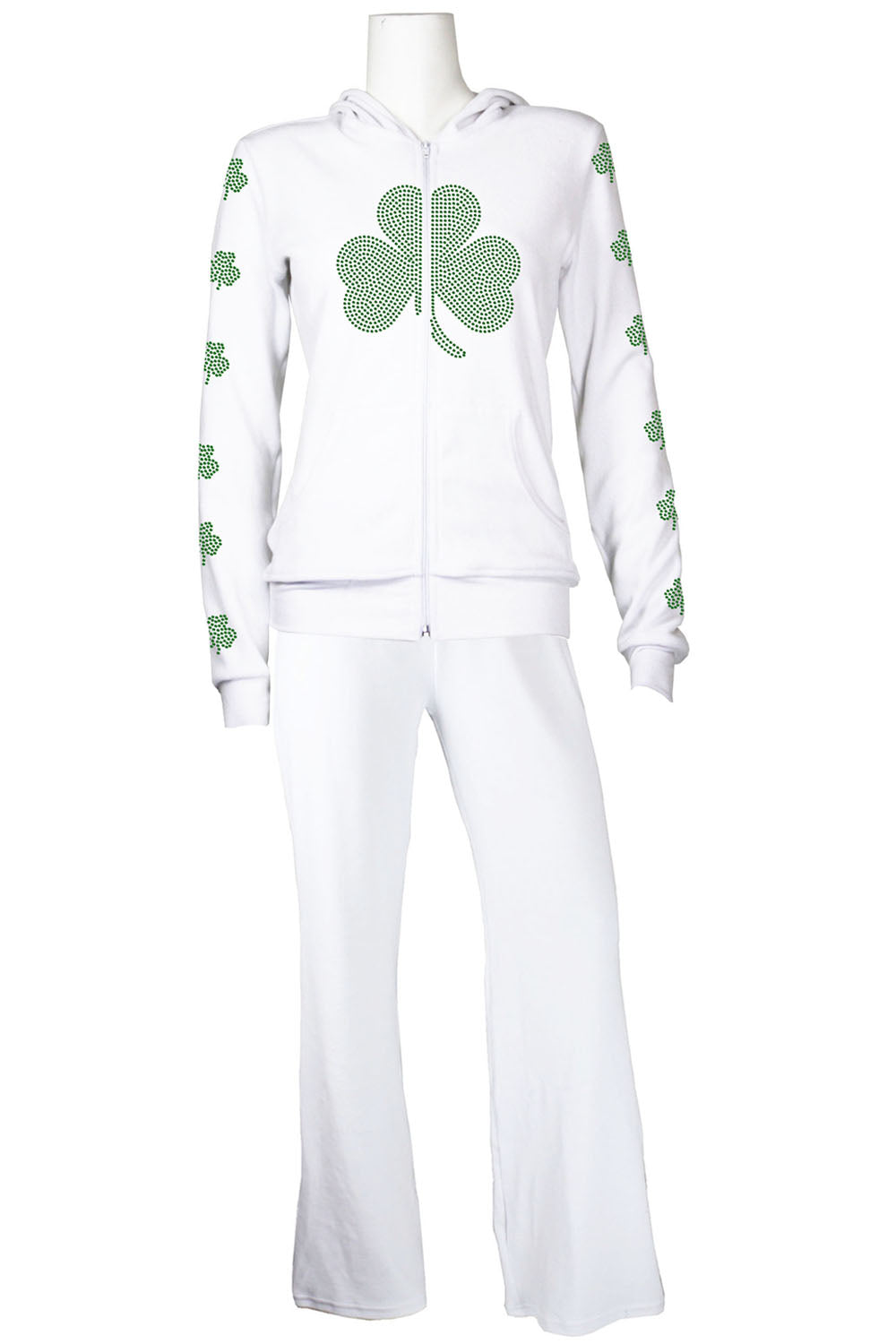 St. Patrick's Day costume, tracksuit, green sweatshirt, shamrocks, velour, custom embroidery, rhinestones, bling bling, hoodie