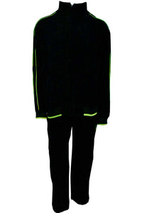 black with lime green trim, mens, velour, tracksuit, custom embroidery, rhinestones, sweatsuit, jumpsuit, sweatshirt, sweat pants, track pants, track jacket, neon