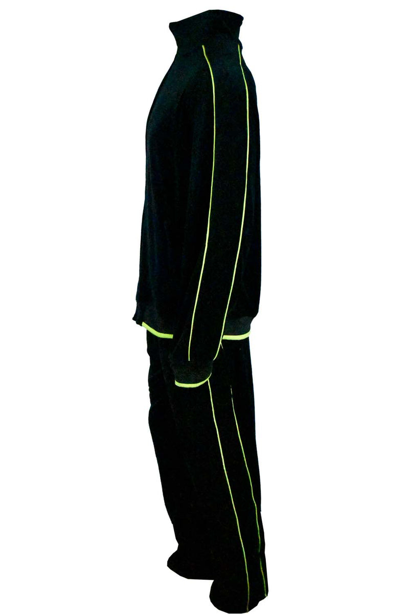 black with lime green trim, mens, velour, tracksuit, custom embroidery, rhinestones, sweatsuit, jumpsuit, sweatshirt, sweat pants, track pants, track jacket, neon