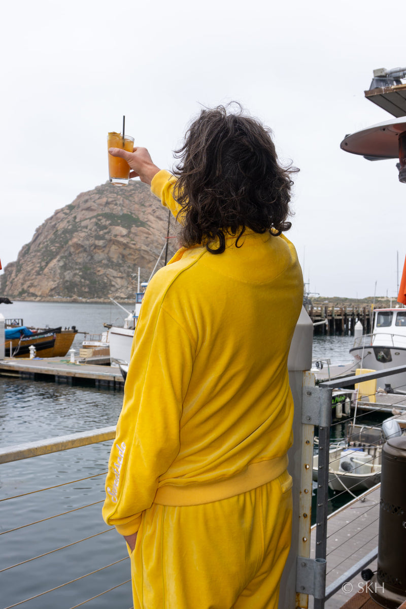 gold, dark yellow, mens, velour, tracksuit, custom embroidery, rhinestones, sweatsuit, jumpsuit, sweatshirt, sweat pants, track pants, track jacket