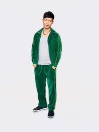 green, mens, velour, tracksuit, custom embroidery, rhinestones, sweatsuit, jumpsuit, sweatshirt, sweat pants, track pants, track jacket, the good place, jason, the bad place