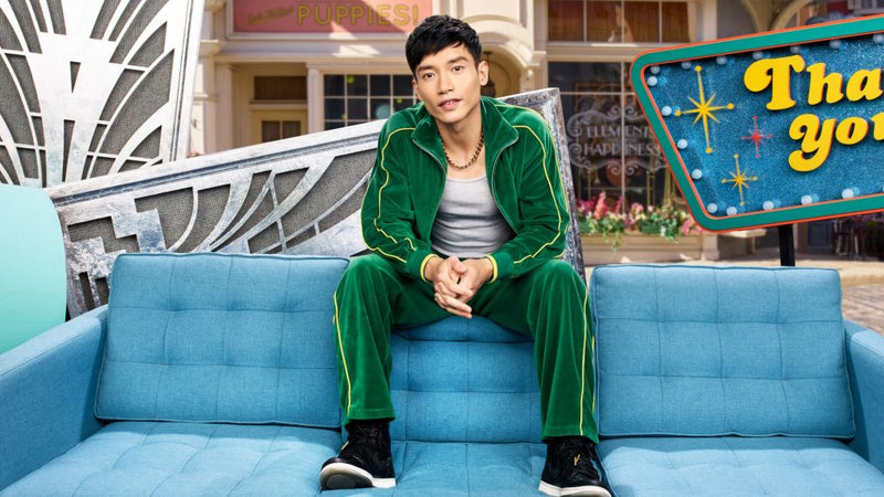 green, mens, velour, tracksuit, custom embroidery, rhinestones, sweatsuit, jumpsuit, sweatshirt, sweat pants, track pants, track jacket, the good place, jason, the bad place