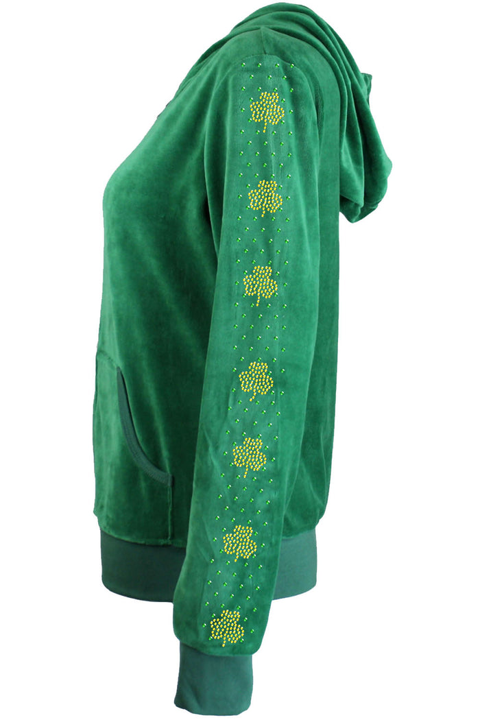 St. Patrick's Day costume, tracksuit, green sweatshirt, shamrocks, velour, custom embroidery, rhinestones, bling bling, hoodie