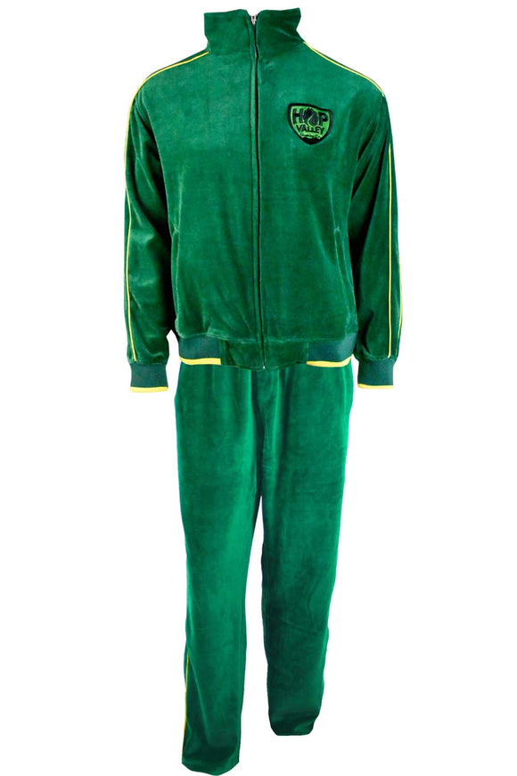 hop valley brewing velour tracksuit, custom embroidery, sweatsuit